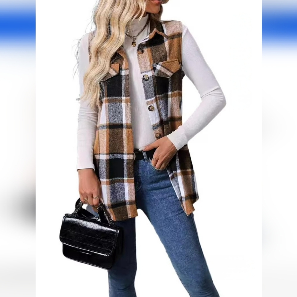 Precious Plaid Sleeveless Shirt/Vest/Shacket In Tan/Black/White - Picture 2 of 12